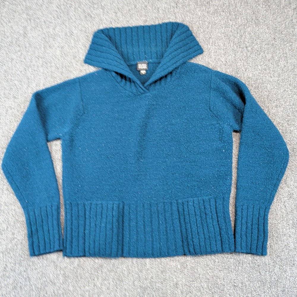 Eileen Fisher‎ Minimalist Wool Knit Sweater M Teal Blue Ribbed Collar Boheme VTG